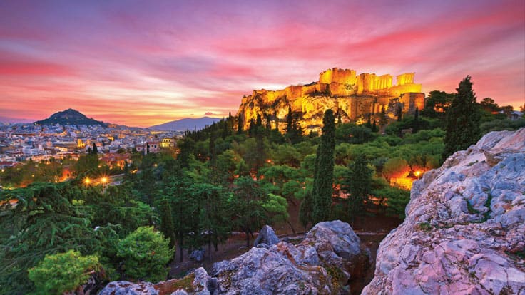 Experience unforgettable Mediterranean nights of golden city hues under pink-labradorite skies on mountain tops with Oceania Cruises.