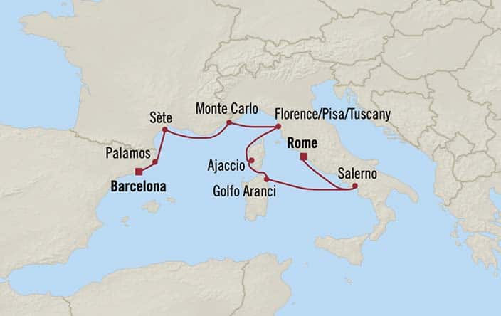 Itinerary Map for Oceania Cruises Voyage ID ALU270709