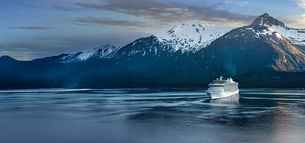 Cruise ship Oceania Riviera in Alaska. Cruises to Alaska up to 40% off with the Presidents Day Sale.