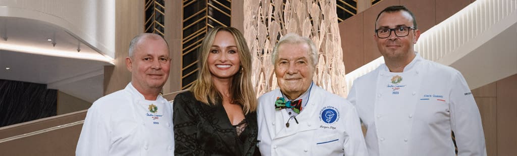Finest Cuisine at Sea 2024: Our MCF USA Master Chef Eric Barale along side our Brand & Culinary Ambassador Giada de Laurentiis with our celebrated French World renowned Executive Culinary Advisor & Master Chef Jacques Pépin and Executive Culinary Directors Chef Alexis Quaretti makes us the best cruiseline for gourmet food lovers.